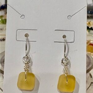 Rare Yellow Sea Glass and Sterling Silver Dangle Earrings